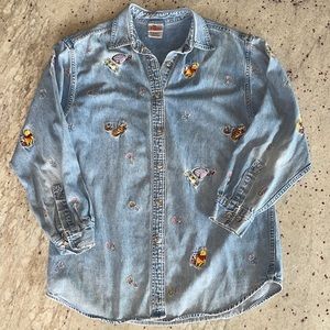 Vintage Disney Store Embroidered Winnie the Pooh and Friends Denim Button-down